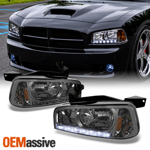Fit 2006 2007 2008 2009 2010 Dodge Charger Chrome Smoke Headlight Pair w/LED DRL