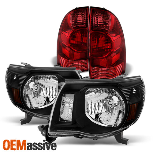 For 2005-2008 Toyota Tacoma Black Headlights + Red Clear Tail Brake Lights Pair