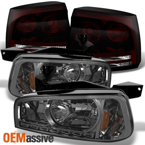 Fit 2006 2007 2008 Dodge Charger LED Smoked 1PC Headlights+Dark Red Tail Lights