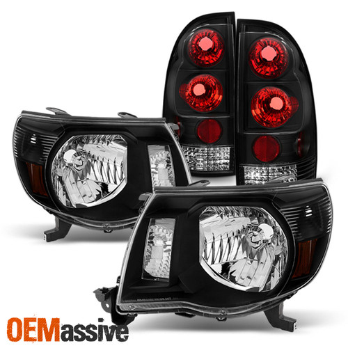 For 2005-2011 Toyota Tacoma Truck Black Headlight+Blk Bezek Rear Tail Lamp Pair
