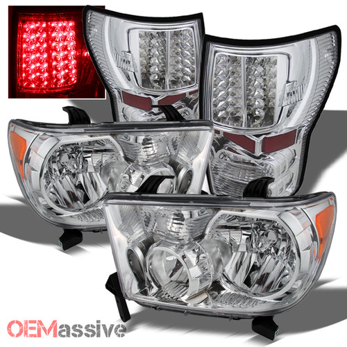 Fits 07-13 Tundra Chrome Headlights Replacement + Clear LED Tail Lights Lamps