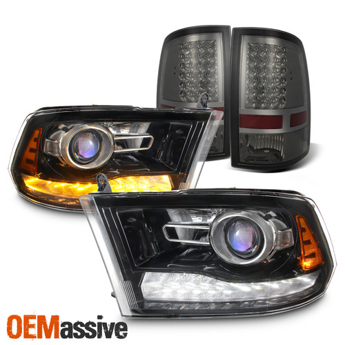 For 09-18 Dodge Ram LED DRL Projector Headlight+LED Smoke Brake Taillights Lamps
