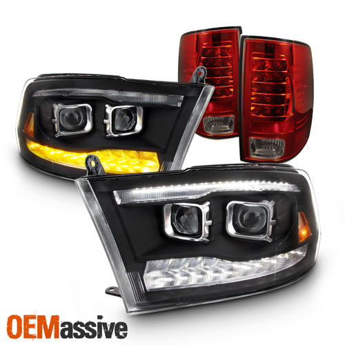 [19 UPGRADE]Fit 09-18 Ram DRL Projector Black Housing Set| Red LED Tail Lights