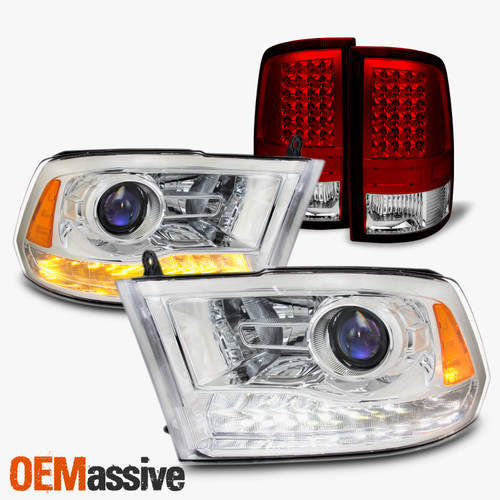 For 09-18 Dodge Ram Chrome LED DRL Projector Headlight+LED Red Brake Taillights