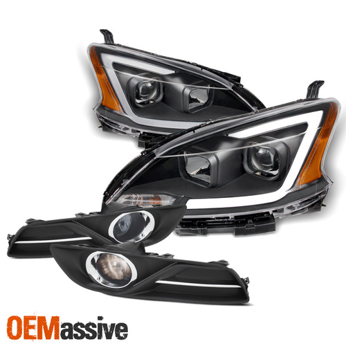 Fits 2013-2015 Sentra LED Light Bar Projector Black Headlights+Smoked Fog Lamp