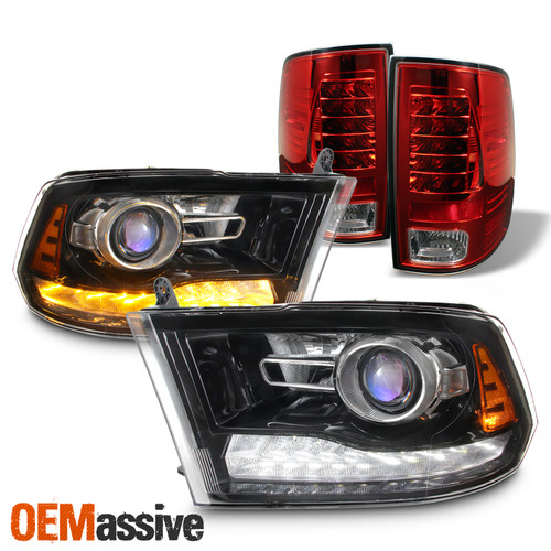 [LED Assembly]For 09-18 Dodge Ram Headlights Lens+ Clear Red Tail Lights