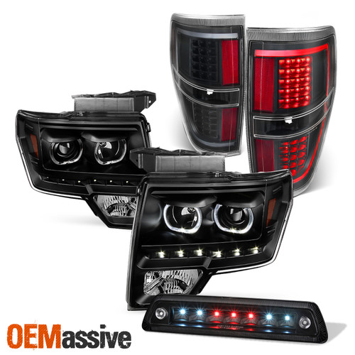 Fit 09-14 Ford F150 LED Halo Projector Black Headlight+LED Strip Tail+3rd Brake