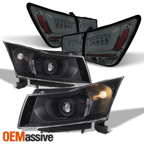 Fit 11-15 Chevy Cruze Black Projector Headlights + Smoke LED Strip Tail Lamp