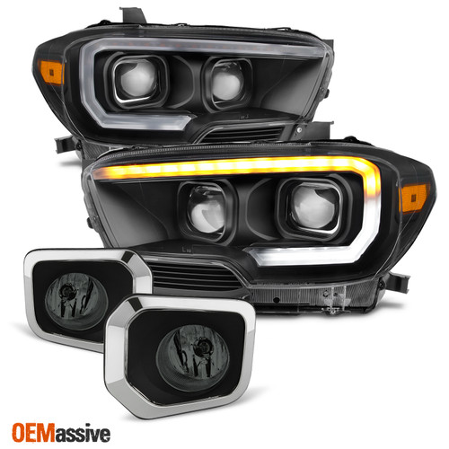 Fits 2016-2023 Toyota Tacoma SR SR5 Black LED DRL Headlights + Smoked Fog Lamp