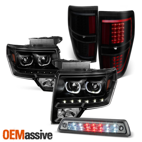 Fit 09-14 Ford F150 LED Halo Projector Black Headlight+Smoked LED Tail+3rd Brake