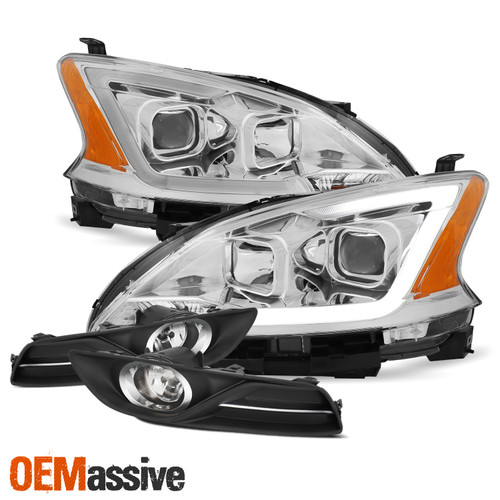 [Chrome] Fits 2013 2014 2015 Sentra LED Light Bar Projector Headlights+Fog Lamp