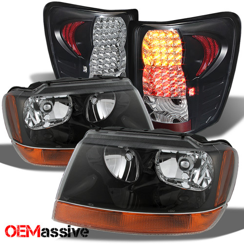 Fits 99-04 Grand Cherokee Amber Black Headlights Pair + Black LED Tail Lights