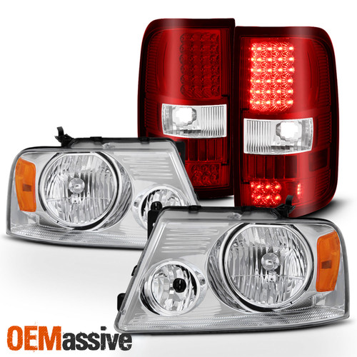 For 04-08 Ford F150 Chrome Headlights + Styleside Red Clear LED Tail Lights Pair