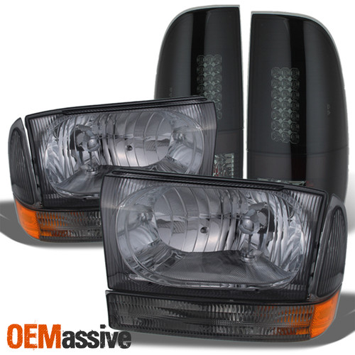 Fits 99-04 F-Series SuperDuty Black Bezel Headlights+Black Smoke LED Tail Lights