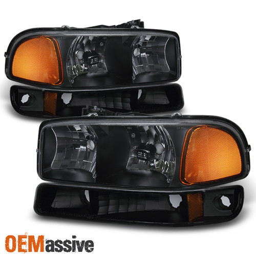 Fit 1999-06 GMC Sierra Yukon Black Headlights + Bumper Signal Lamps Replacement
