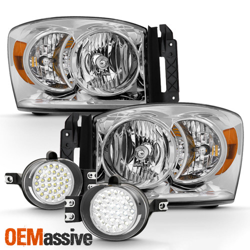 For 2007-2008 Dodge Ram 1500 07-09 Ram 2500/ 3500 Chrome Headlights+LED Fog Lamp