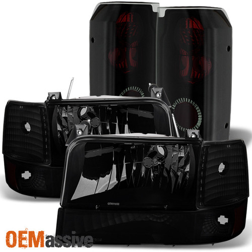 Fit 92-96 Ford Bronce F150 F250 F350 Black Smoked Headlights+Bumper+Tail Lights