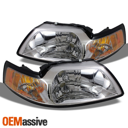 Fits 99-04 Mustang Amber Chrome Clear Factory Style Headlights Headlamps Pair
