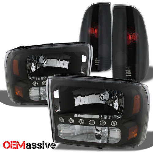Fits 99-04 F250/350 Superduty Black Headlights + Black Smoked Tail Lights Lamps