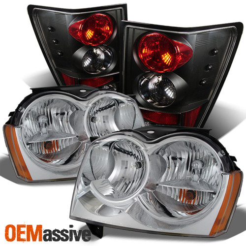 Fits 05-06 Grand Cherokee Chrome Clear Headlights Replacement +Black Tail Lights