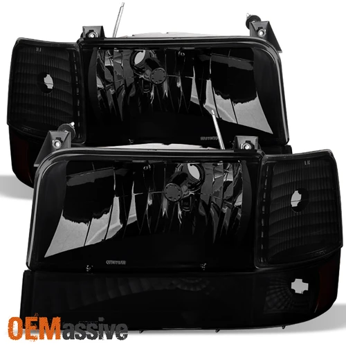 Fit 1992-1996 Ford Bronco F150 F250 F350 Black Smoked Headlights+Corner+Bumper