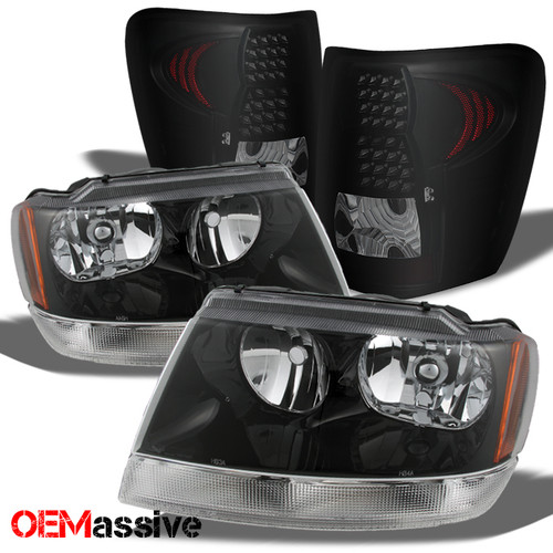 Fits 99-04 Grand Cherokee Black Headlights + Black Smoke LED Tail Lights Lamps