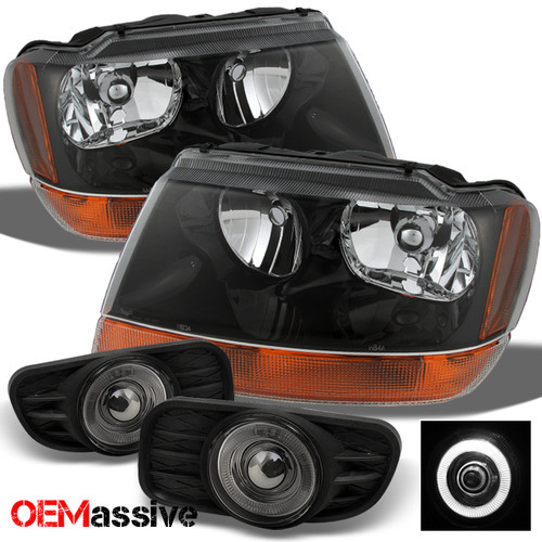 Fits 99-04 Grand Cherokee Amber Black Headlights+Smoke Halo Projector Fog Lights