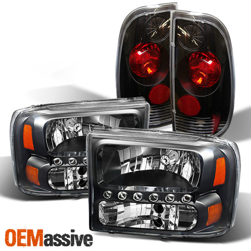 For 1999-2004 Ford F250 F350 F450 F550 Superduty Black LED Headlight + Tail Lamp