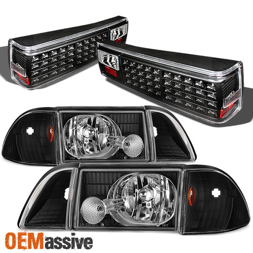 Fit 1987-1993 Ford Mustang Black Headlights w/ Corner & Signal + LED Tail Lights