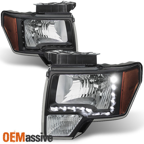 Fit 2009 2010 2011 2012 2013 2014 Ford F150 Black DRL LED Headlights Replacement