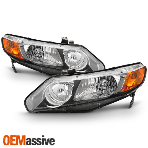 Fits 2006-2011 Honda Civic Sedan Black Amber Corner Headights Replacement Set