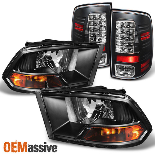 Fits 09-18 Ram 1500/2500/3500 Crystal Black Headlight+ Black LED Tail Lights