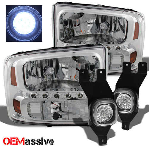 Fits F250/350 Excurision Chrome Headlights + Full White LED Fog Lights w/Switch