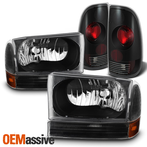 Fit 1999-2003 Ford F250 F350 F450 F550 Super Duty Black Headlights + Tail Lights