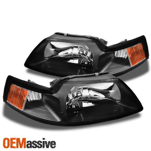 Fits 99-04 Mustang Amber Black Bezel Factory Style Headlights Headlamps Pair L+R