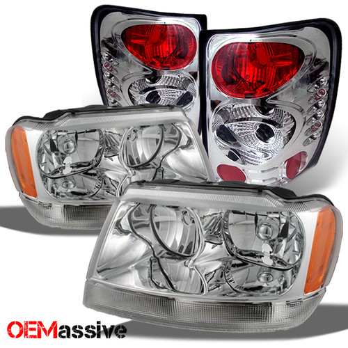 Fits 99-04 Grand Cherokee Chrome Headlights Replacement + Clear Tail Lights Lamp