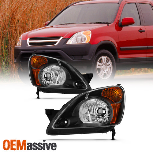Black Headlight For 2002 2003 2004 Honda CRV CR-V [Halogen Type] Left+Right Pair