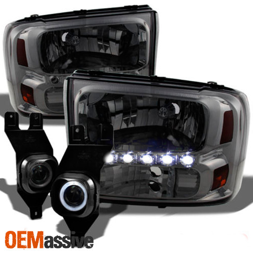 Fits F250/350 Excurision Smoke Headlights + Smoke Halo Projector Fog Lights Lamp