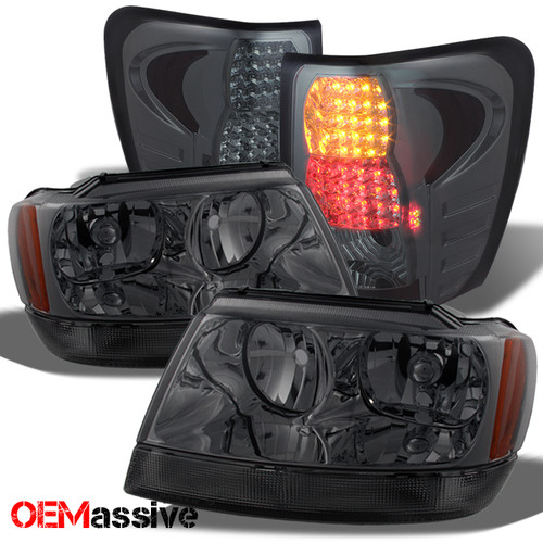 Fits 99-04 Grand Cherokee Smoked Headlights Pair + Smoke LED Tail Lights Lamps