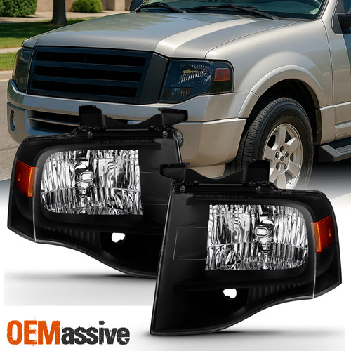 Fit 2007-2014 Expedition Headlights Lights Black L+R 07 08 09 10 11 12 13 14