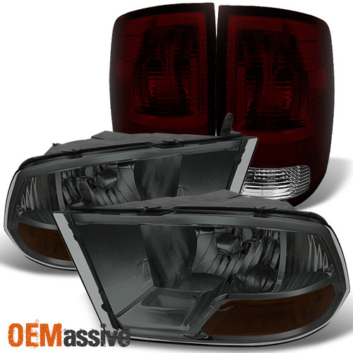 Fits 09-18 Dodge Ram 1500 10-18 2500/3500 Smoked Headlights+Dark Red Tail Lights