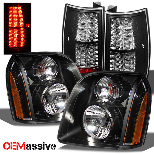 Fits 07-14 Yukon Denali Black Headlights Replacement + Black LED Tail Lights