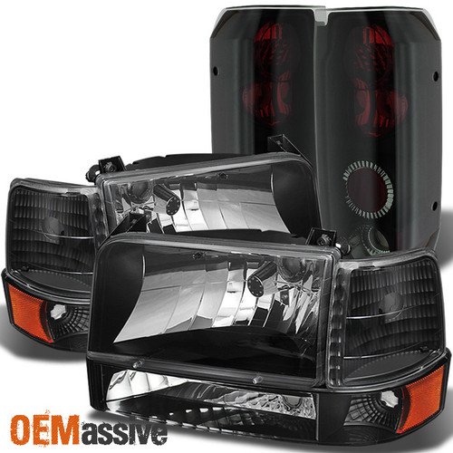 Fits 92-96 F150 F250 F350 Black Headlights+Corner+Bumper+Black Smoke Tail Lights