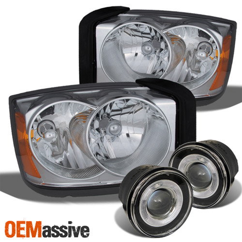 Fits 05-07 Dakota Chrome Clear Headlight + Halo Projector Fog Lights w/Switch