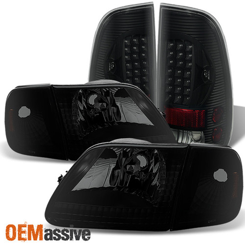 Fit Black Smoked 97-03 Ford F150 Pickup Truck Headlights+LED Tail Brake Lights