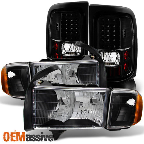 Fit 1999 2000 2001 2002 Dodge Ram Sport Truck Black Headlights+LED Tail Lights
