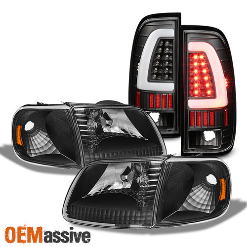 Fit 1997-03 Ford F-150 2004 F-150 Heritage Black Headlights +LED Tube Tail Light