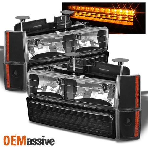 Fit 88-93 C/K 1500/2500/3500 Suburban Sierra Yukon Black Headlights + LED Bumper