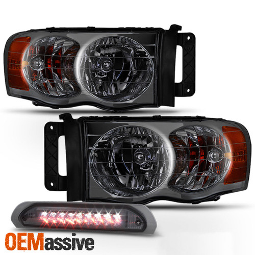 For 2002-2005 Dodge Ram 1500/2500/3500 Smoked Headlight+ LED 3rd Brake Lamp Pair