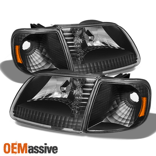 Fit 97-03 F150 F250LD Expedition Black Headlights +Corner Siganl Lights L+R